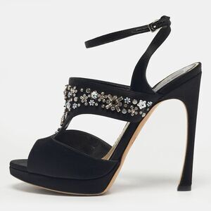 Dior Black Satin Crystal Embellished Ankle Strap Sandals Size 37.5